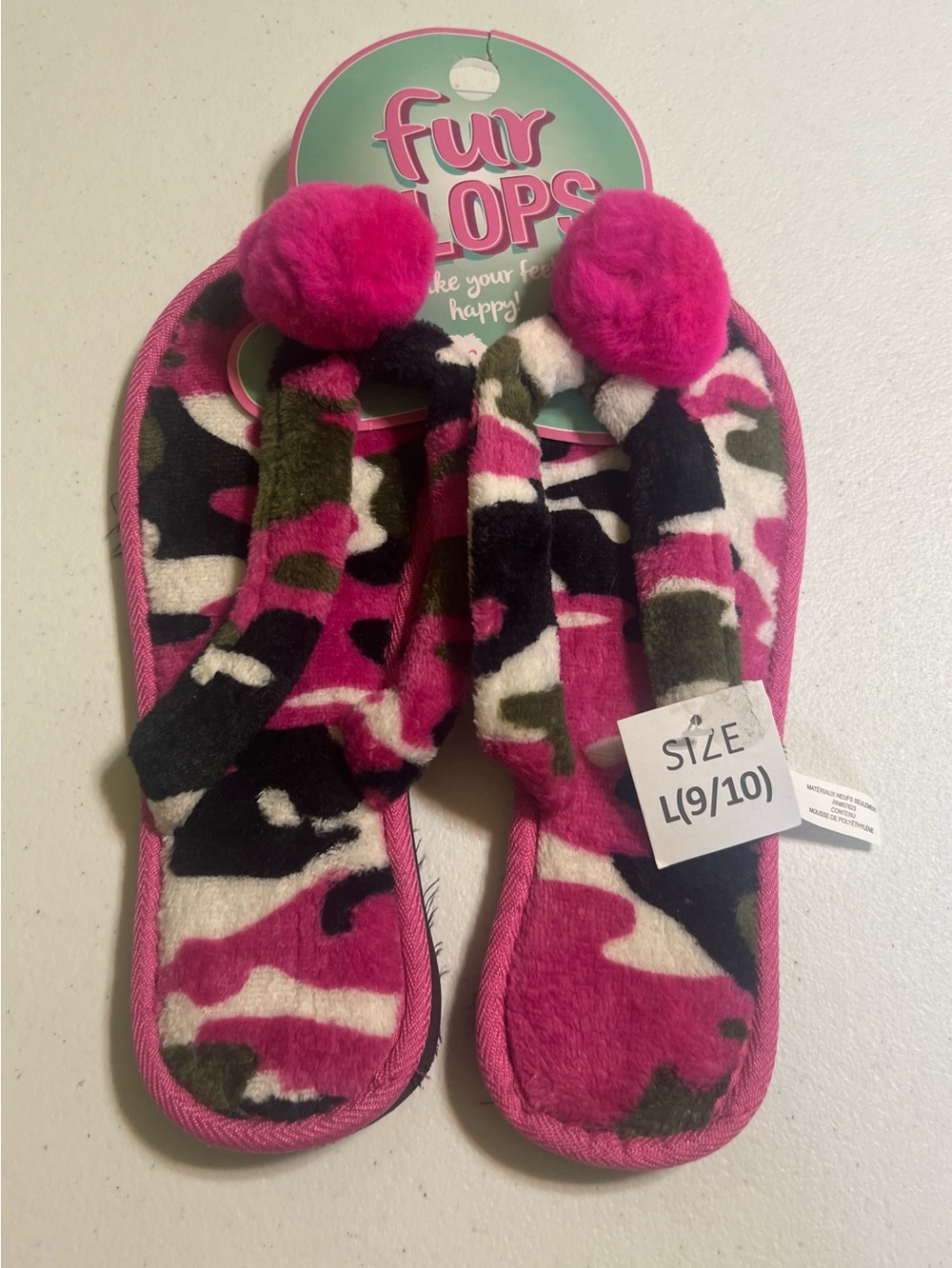 Fur Flops House Slippers Women’s Large 9/10 Pink & Black Camo NWT